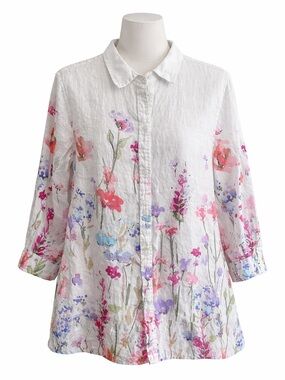 Coldwater Creek Petite XL Floral Linen Button Shirt Lightweight Spring